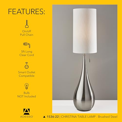 Brushed Steel Table Lamp with White Fabric Shade (Table Lamp)