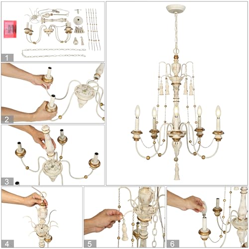 Farmhouse Chandelier (21.5" L x 30" H / Distressed Gray Wood and Gold Trim)