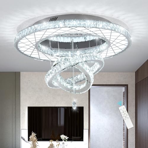 32"W Modern Chandeliers Living Room Light Crystal Flat Mounted Ceiling Lights Dining Room Light Bedroom Ceiling Drop Lighting Fixture Remote Dimmable Lights Bright Light with Dimming Night Light LED (32 inch / Silver)