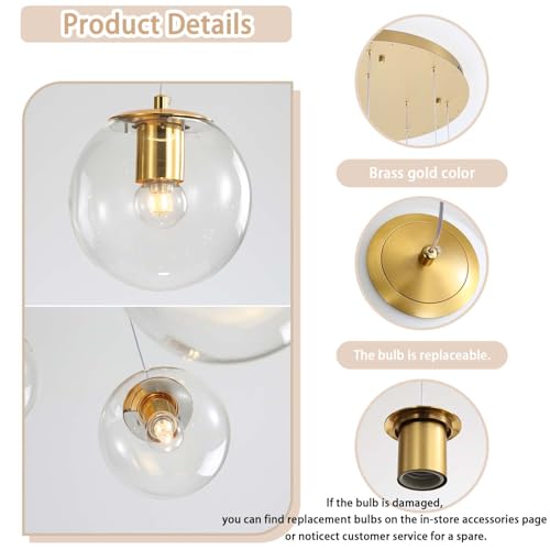 15 Light Gold Chandelier with Globe Glass Dimmable Ceiling Light Glass Pendant Light for Kitchen Island (Gold-Clear / Globe 15-Light)