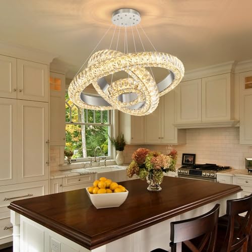 23.6" 3 Ring Crystal Chandelier Modern LED Dimmable Ring Pendant Light Round Chandelier for Dining Room Living Room Silver (Silver / 3 Ring Round 24")