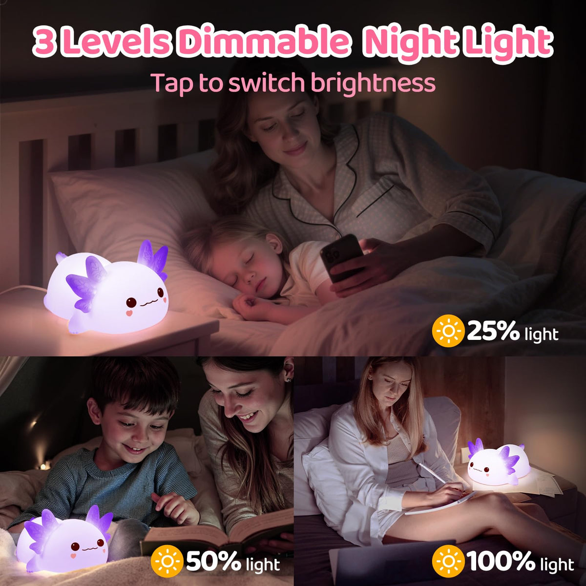 Huggwaii Squishy Axolotl Night Light for Kids (Purple)