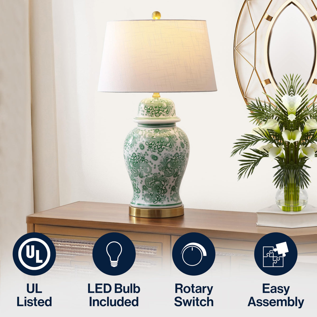 Ellis Chinoiserie Ginger Jar Table Lamp 29.5" (Green/White)