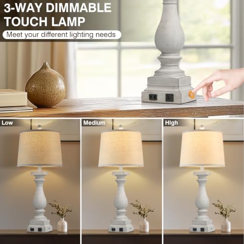 28" Tall Farmhouse Table Lamps Set of 2 with USB C+A Ports and AC Outlet (White-2 Pack)