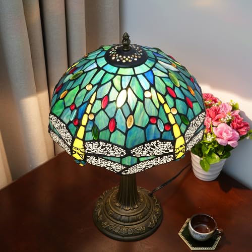 Tiffany Lamp Dragonfly Style Green Stained Glass Lamp Bedroom Table Lamp Reading Desk Light for Bedside Living Room Office Dormitory Dining Room Decorate Gift (Green Blue Dragonfly)