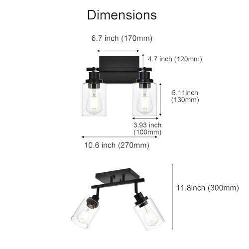 2 Light Track Lighting Kit Black Track Lighting Fixtures Bathroom Wall Sconces Ceiling Mount Kitchen Tracking Lights (Black / 2-Light)