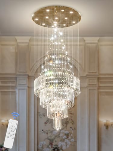 D32''X H110'' Large Crystal Chandeliers for High Ceiling Modern Gold Raindrop Chandelier Stairway Chandelier Crystal Flush Mount Ceiling Light for Living Room Staircaes Foyer (Gold / D32"X H110")