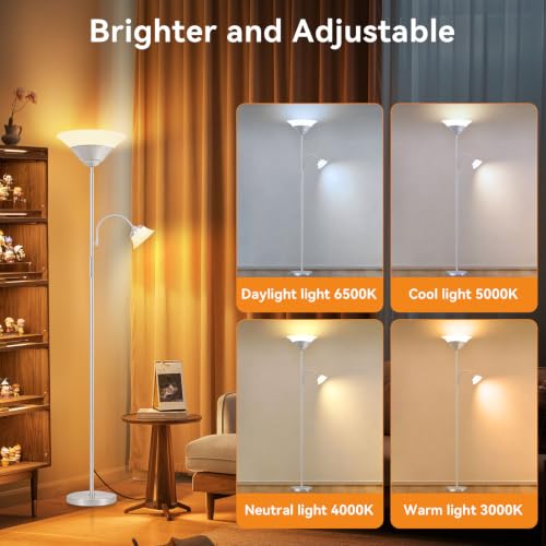 2-in-1 Torchiere Floor Lamp, 34W Super Bright LED Standing Lamp with Remote & Touch Control, 72" Dimmable Adjustable Corner Reading Lamp for Living Room, Bedroom, Office, Silver (Silver)