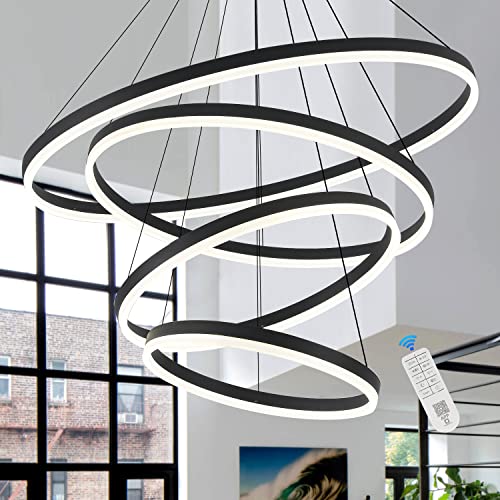 Modern LED Chandeliers High Ceilings (Black / 4-rings/D31.5in)