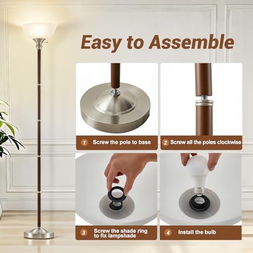 72" Wood Torchiere Floor Lamp with Glass Shade Walnut Standing Lamp (Walnut)