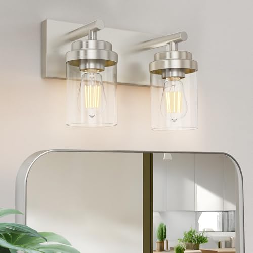 Bathroom Vanity Light Fixture (Nickel-Clear Glass Shade / 15 inch-2-Light)