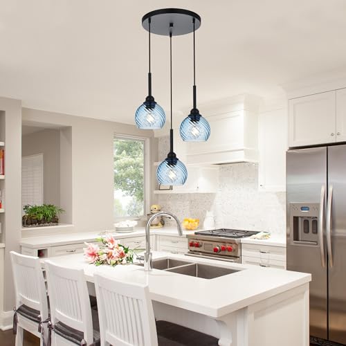 3 Light Pendant Lighting with Striped Swirl Globe Glass Blue Cluster Pendant Light for Kitchen Island (Blue / 3-Light-Round Cluster)