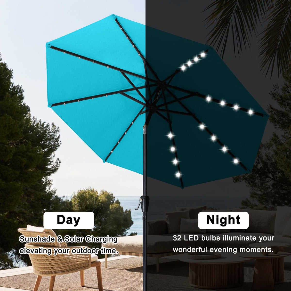 Solar Led Patio Umbrella with 32 Lights 9FT (LED Umbrella / 9ft / Lake)
