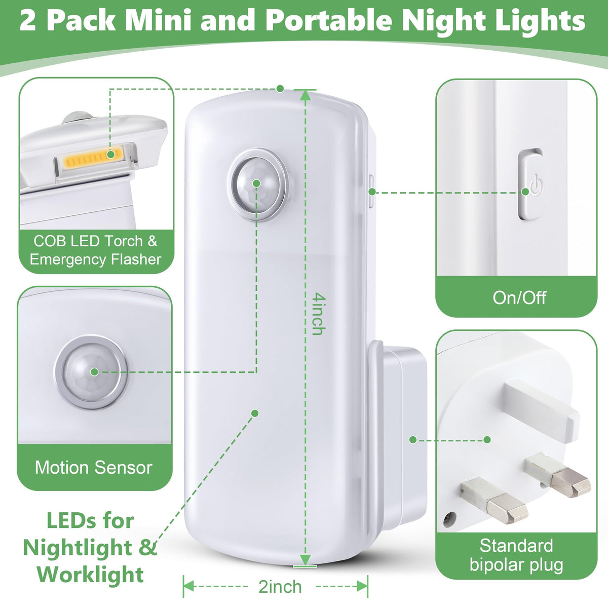 2 Pack 4 in 1 Home Emergency Power Failure Night Lights (Warm White)