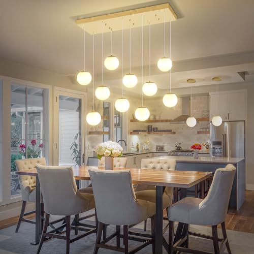10 Lights Globe Chandelier Gold Pendant Lighting Fixture Hanging Ceiling Light for Dining Room (Gold-White / Rectangle 10-Light)