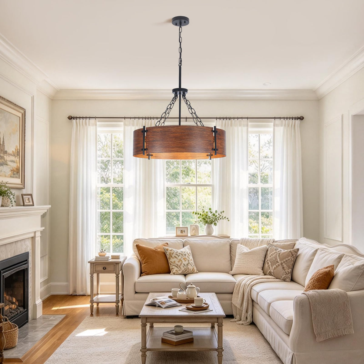 23.62" Farmhouse Chandeliers for Dining Room 6 (Brown Wood Grain Finish-6-Light-23.62'')
