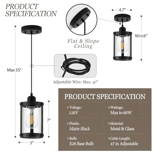 Matte Black Pendant Lights Kitchen Island (Black + Clear Glass / 1-Light Pendant, 1 Pack)