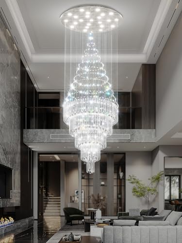 D40''x H110'' Modern Round Crystal Chandelier LED Dimmable Large Crystal Raindrop Chandeliers High Ceiling Tier Chandeliers for Foyer Stairwell Entryway Living Room Silver (Silver / D40"X H110")