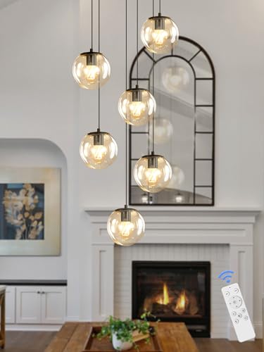 6 Light LED Staircase Modern Glass Globe Pendant Light Large Chandeliers for High Ceilings (Black-Clear / Globe 6-Light)