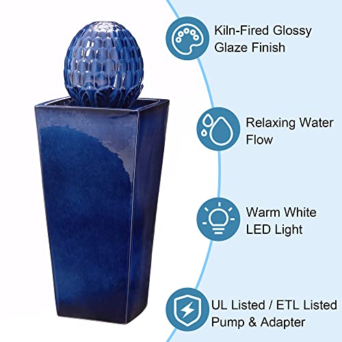 Patio Fountain Waterfall with LED Light Outdoor Fountain Pedestal Water Fountain