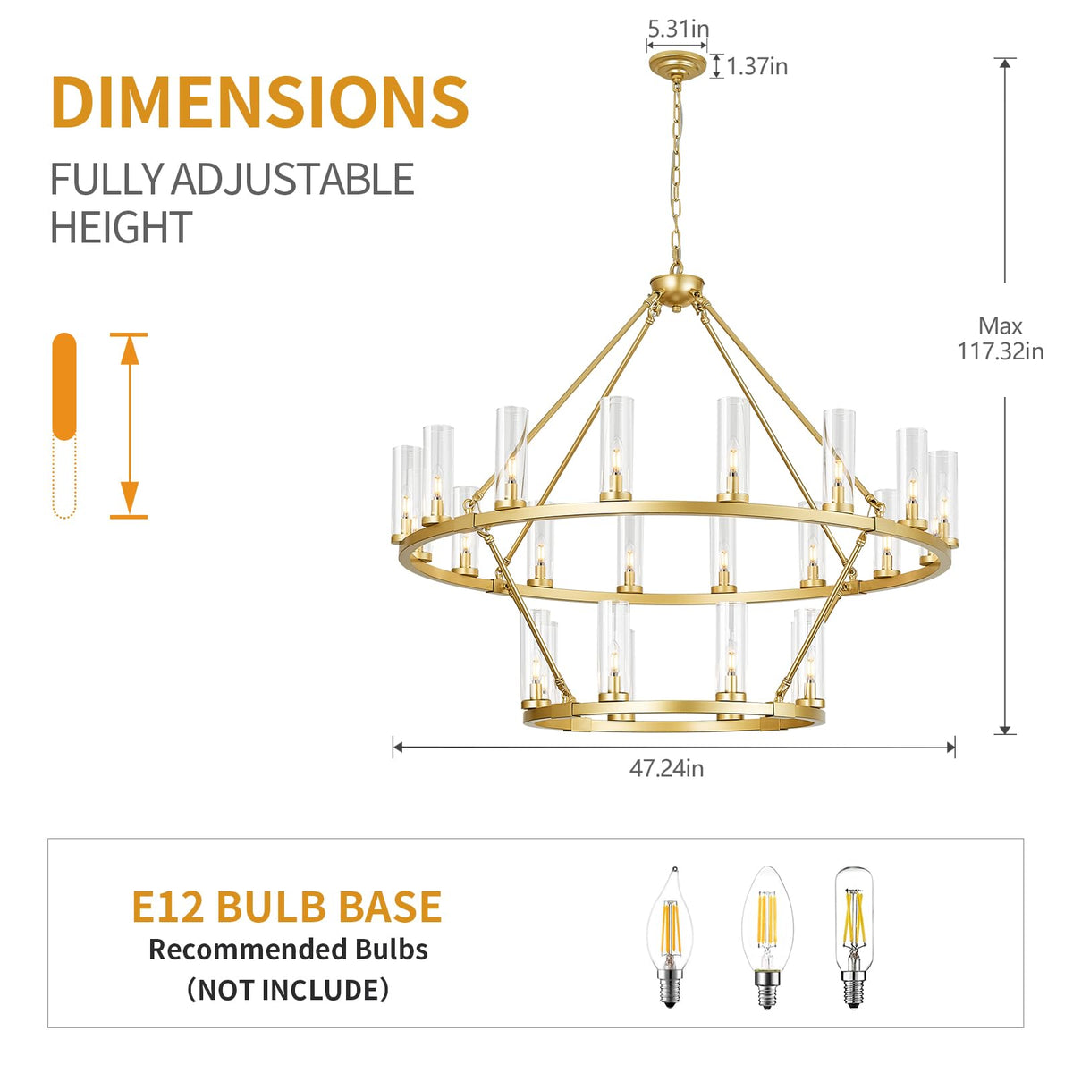 48 Inch Large Gold Wagon Wheel Chandelier with Clear Glass Shade 2 Tier 24 (Gold / 2 Tier-24 Lights)