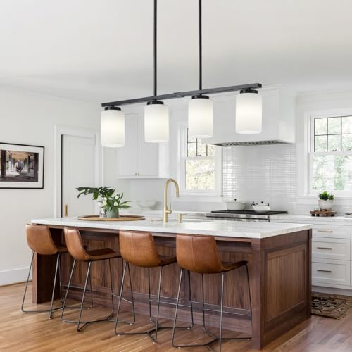 30'' Island Lights for Kitchen Black Chandelier Dining Room Light Fixtures (4-Light White Glass)