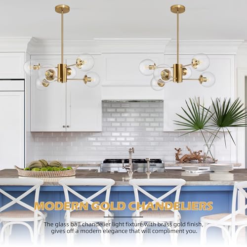 6 Light Globe Sputnik Chandelier Modern Gold Sputnik Chandelier Mid Century Pendant Light Brushed Brass Finished with Clear Globe Glass Lampshade Chandeliers for Dining Room Kitchen (Clear, Gold, M)