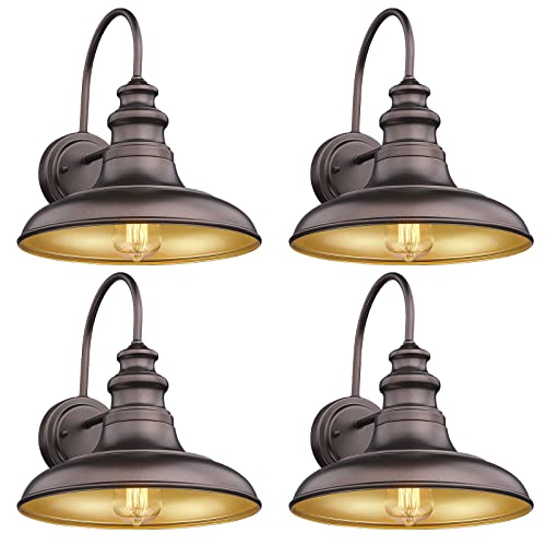 Outdoor Barn Light Fixture Farmhouse Wall Mount Light Wall Sconce Exterior Wall Lighting Fixture Industrial Bronze Finish Lantern for Porch with Gold Interior (Oil-Rubbed Bronze / 13-RZ004-4PACK(Not Dusk to Dawn))