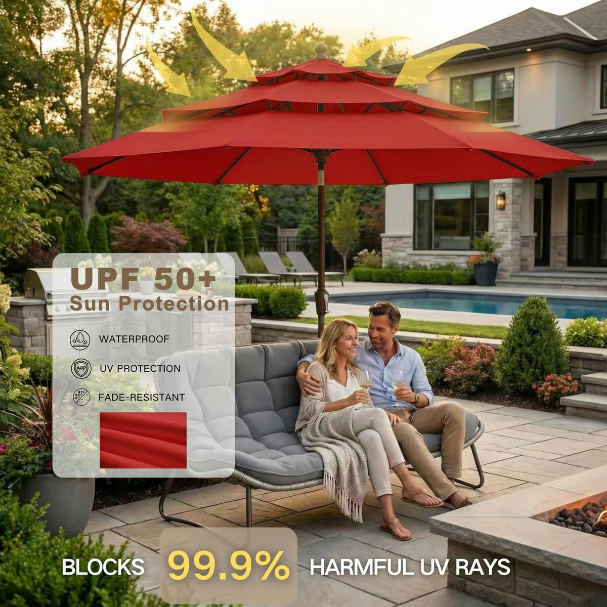 9ft 3 Tier Patio Umbrella (Red / 9 FT)