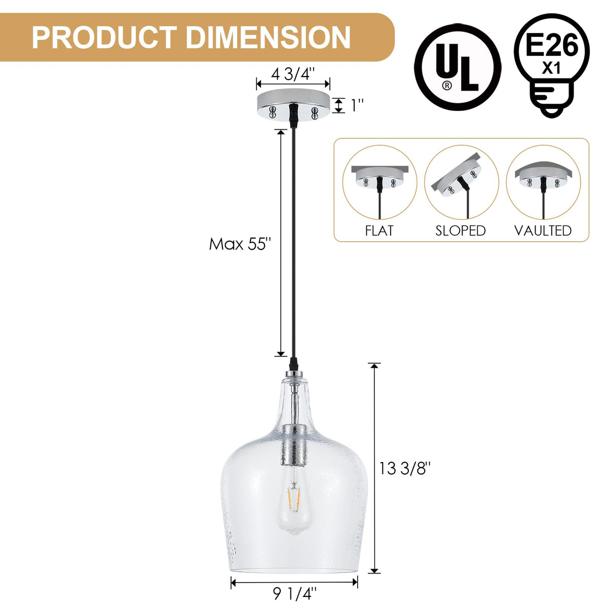 10”Chrome Hammered Glass Pendant Light Modern 1 Light Single Dome Pendent Lighting Fixtures for Kitchen Island Dining Room Hallway (Chrome-Hammered)