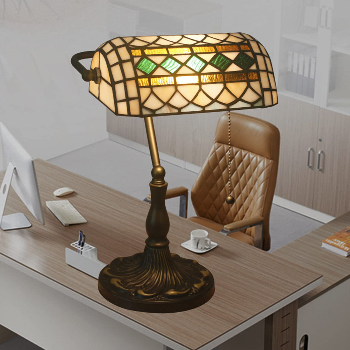 Tiffany Style Bankers Table Lamp Stained Glass Piano Desk Lamp Vintage Bedroom Bedside Lamp for Study (Green e)