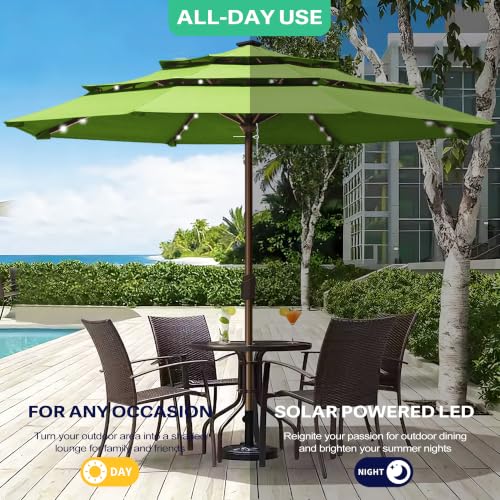 USA 10-Year-Non-Fading 10ft 3-Tier Market Patio Umbrella, Commercial Table Umbrella with 80 Solar LED Lights, Crank Open, Windproof & UPF 50+ UV Protection for Garden, Deck, Pool, Backyard, No Tilt, Macaw Green (Macaw Green / 10FT(Triple Vents No Tilt))