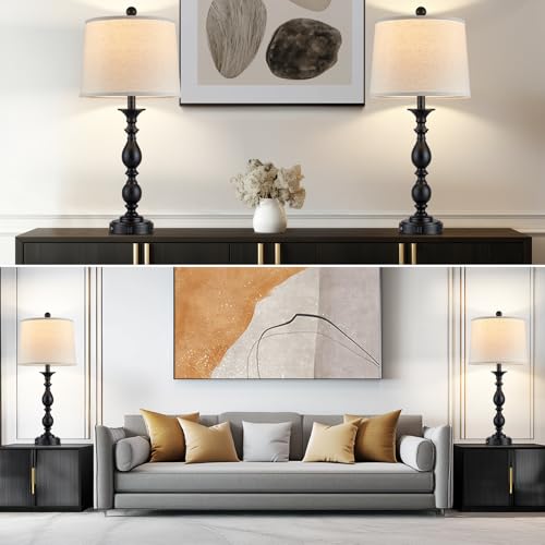 28" Black Modern Table Lamps Set of 2 with USB C+A Ports and AC Outlet (Black-2 Pack)