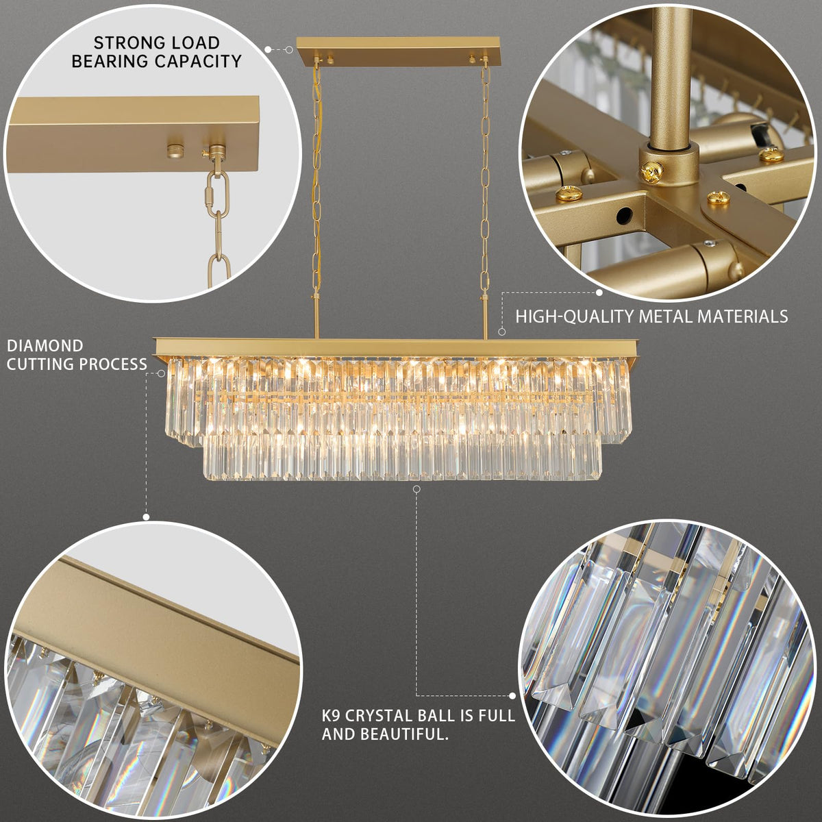Gold Crystal Chandeliers for Dining Room (Gold / L40'' - 15 Lights)