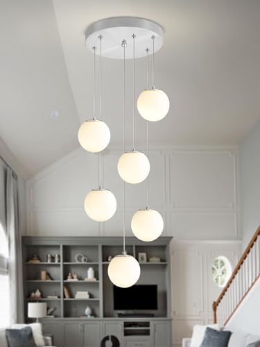 6 Light Silver Chandelier with White Globe Glass Dimmable Ceiling Light Glass Pendant Light for Kitchen Island (Silver-White / Globe 6-Light)