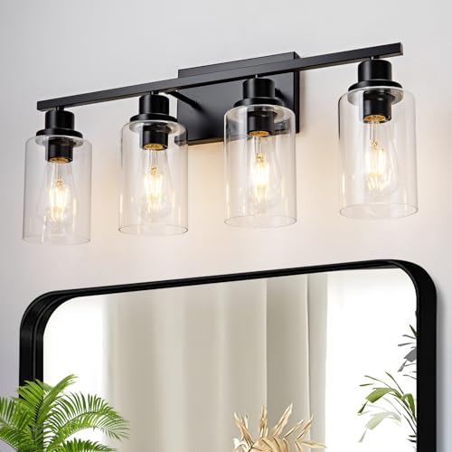 4 Light Black Bathroom Vanity Light Fixture Over Mirror Modern Farmhouse Wall Lighting Sconces Industrial Wall Lamp for Bathroom Bedroom Living Room E26 Socket with Glass Shade (Black / 4 Light)