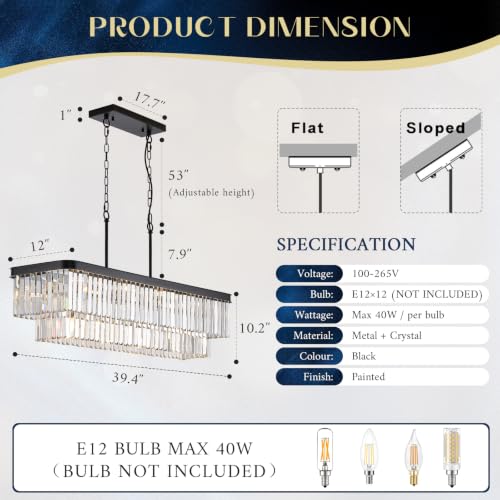 Black Crystal Chandeliers 12 Lights 40" Rectangle Chandelier (Black / Long-39.4”)