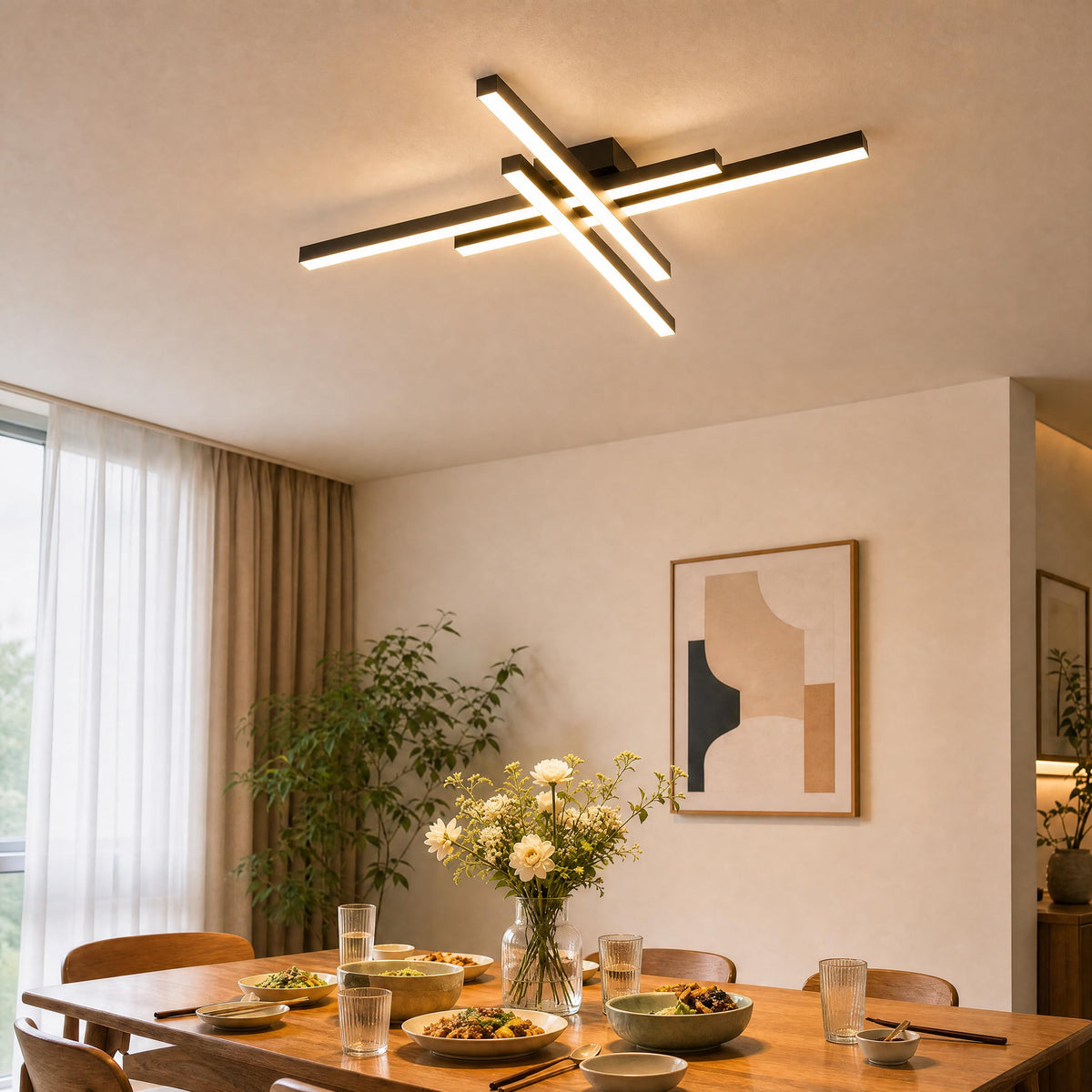Modern LED Ceiling Lights 43.3" Black Flush Mount Ceiling Light Fixture Sputnik Dimmable Ceiling Lights with Remote Control for Bedroom Living Room Kitchen Room (4 Lights)