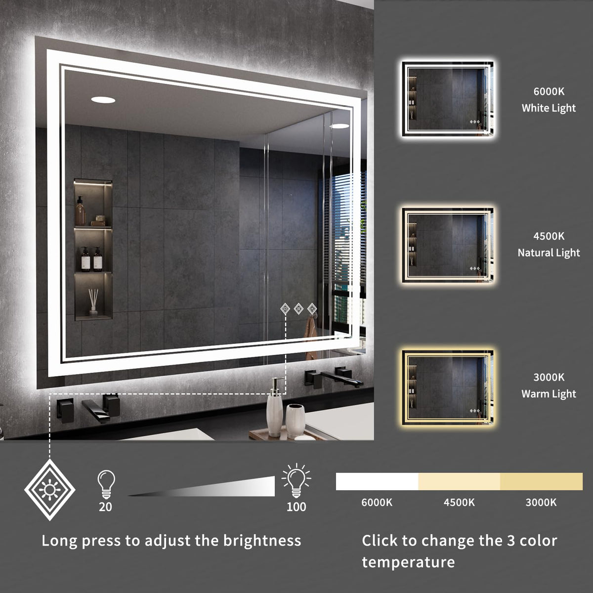 LED Mirror 44x36 Inch Gradient Front and Backlit Lighted Mirror (Front and Backlit / 44"L x 36"W)