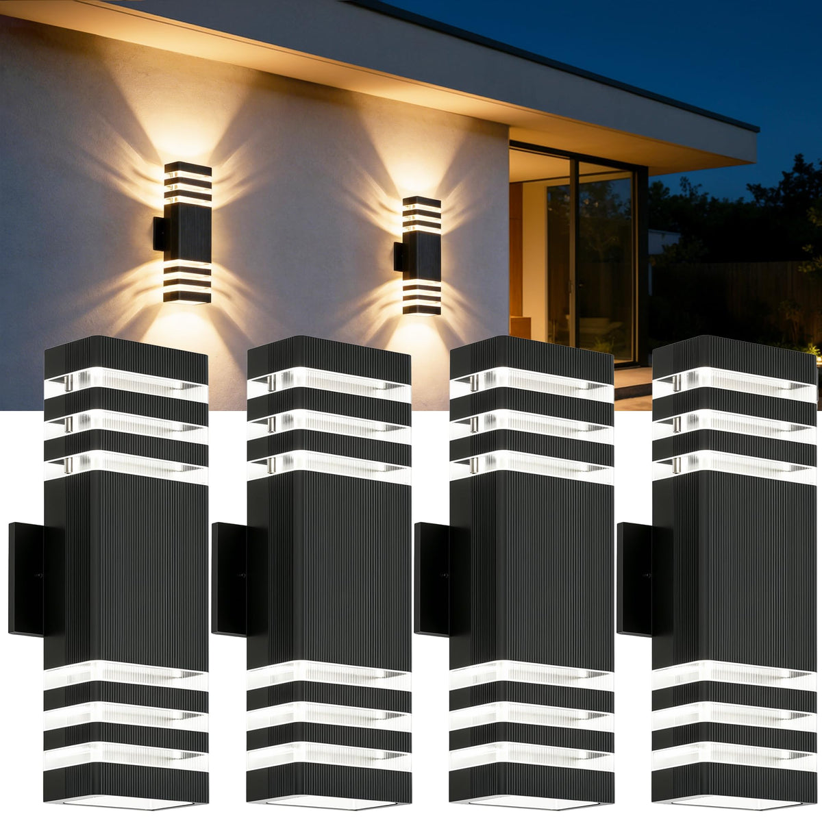 Outdoor Wall Lights (3 Layer / 4 Packs-Black)