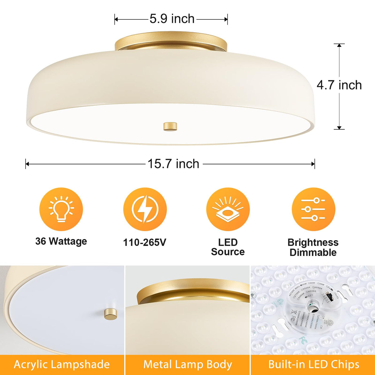 Dimmable LED Ceiling Light Fixture (Cream White / 15.74IN)