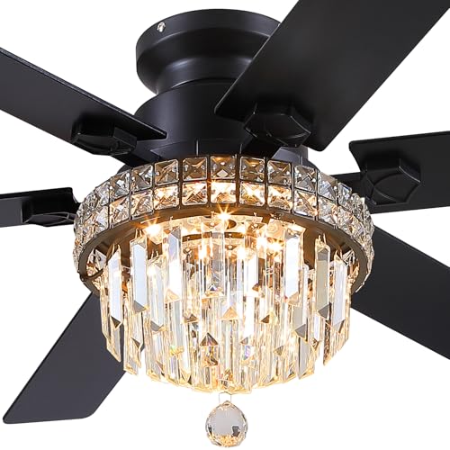 52" Low Profile Crystal Ceiling Fans with LED Lights and Remote (Black-52IN-8341)