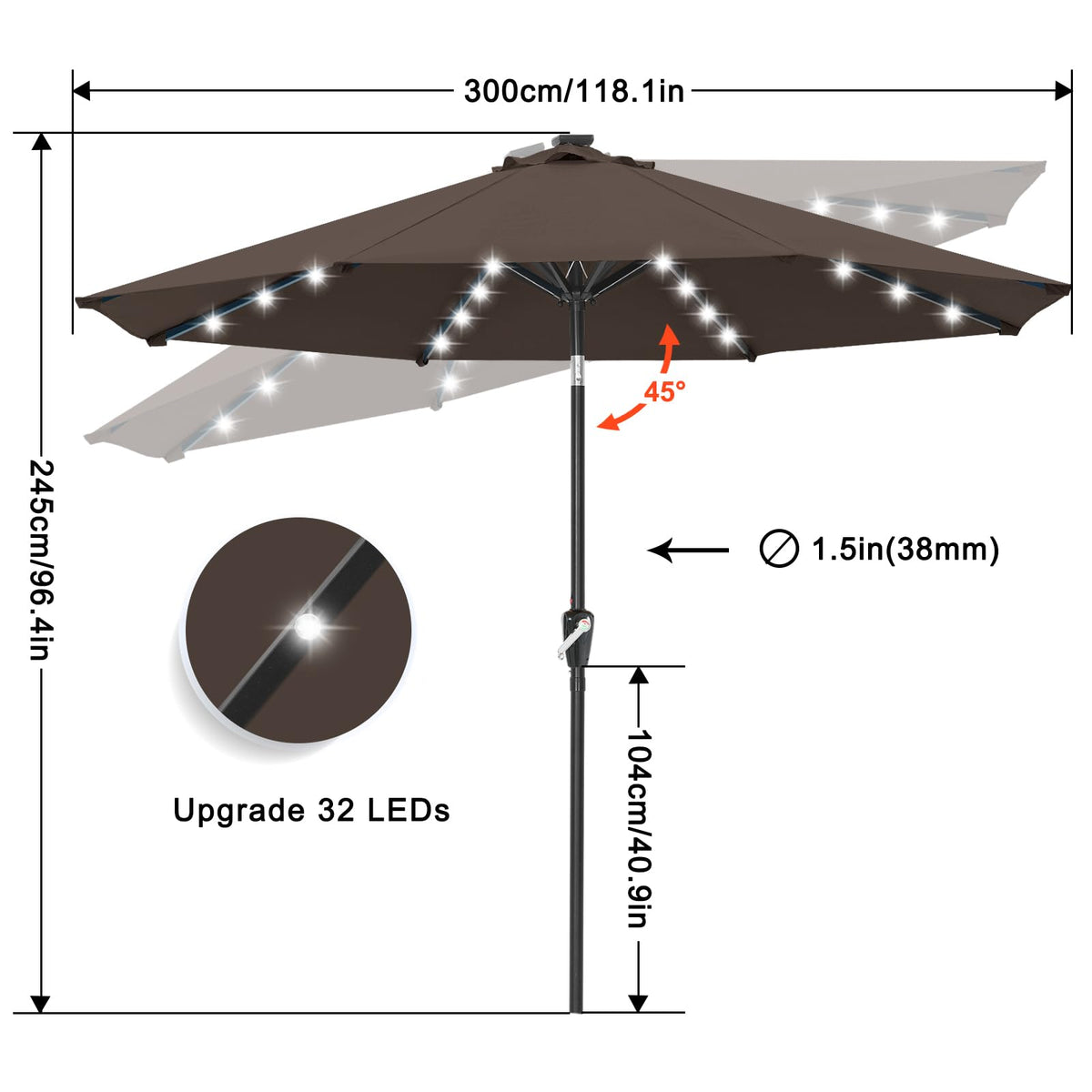 Solar Led Patio Umbrella with 32 Lights 10FT (LED Umbrella / 10ft / Brown)