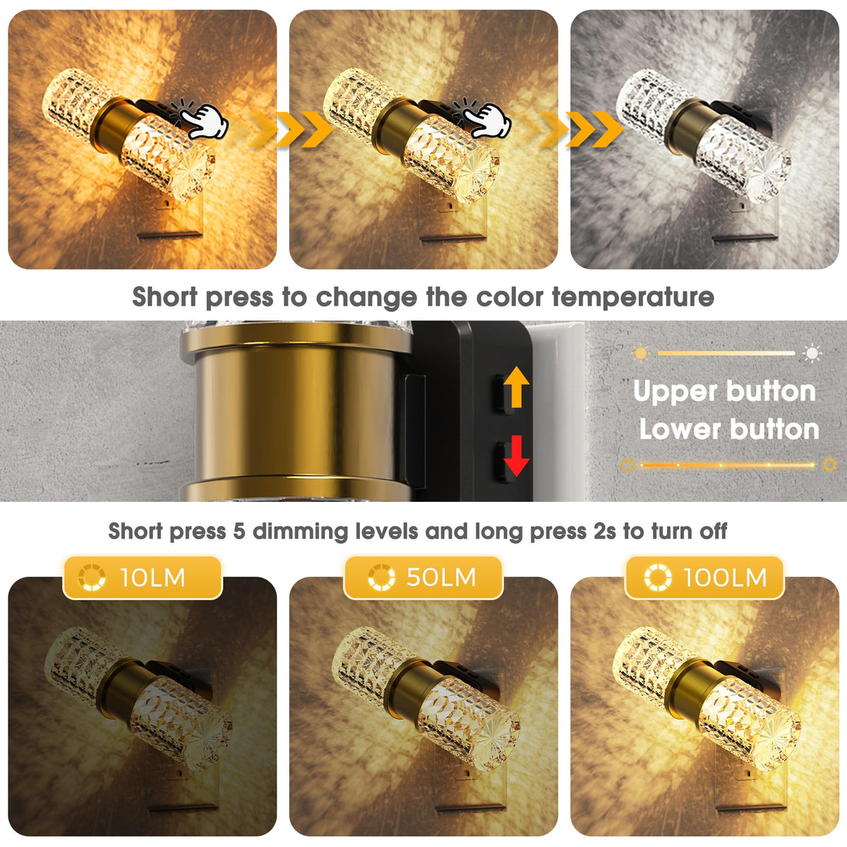 Night Light Modern Night Lights Plug into Wall (Gold Ring-3CCT Diamond / 1 Pack)