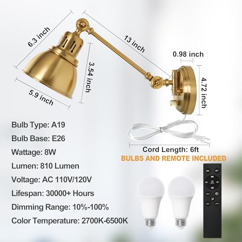 Plug in Wall Sconces Set of Two with Remote (Gold-2 PACK(Bulbs+Remote))