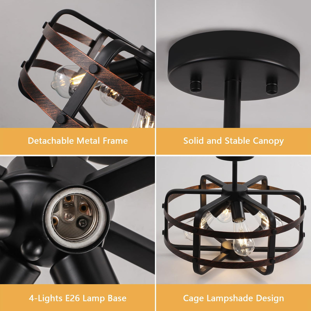 17.71'' Farmhouse Cage Semi Flush Mount Ceiling Light Fixture 4 (17.71''-Black&Brown-E26)