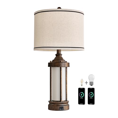 25'' Table Lamp for Living Room Bedroom Farmhouse Metal Lamps with 2 USB Ports (Bronze)