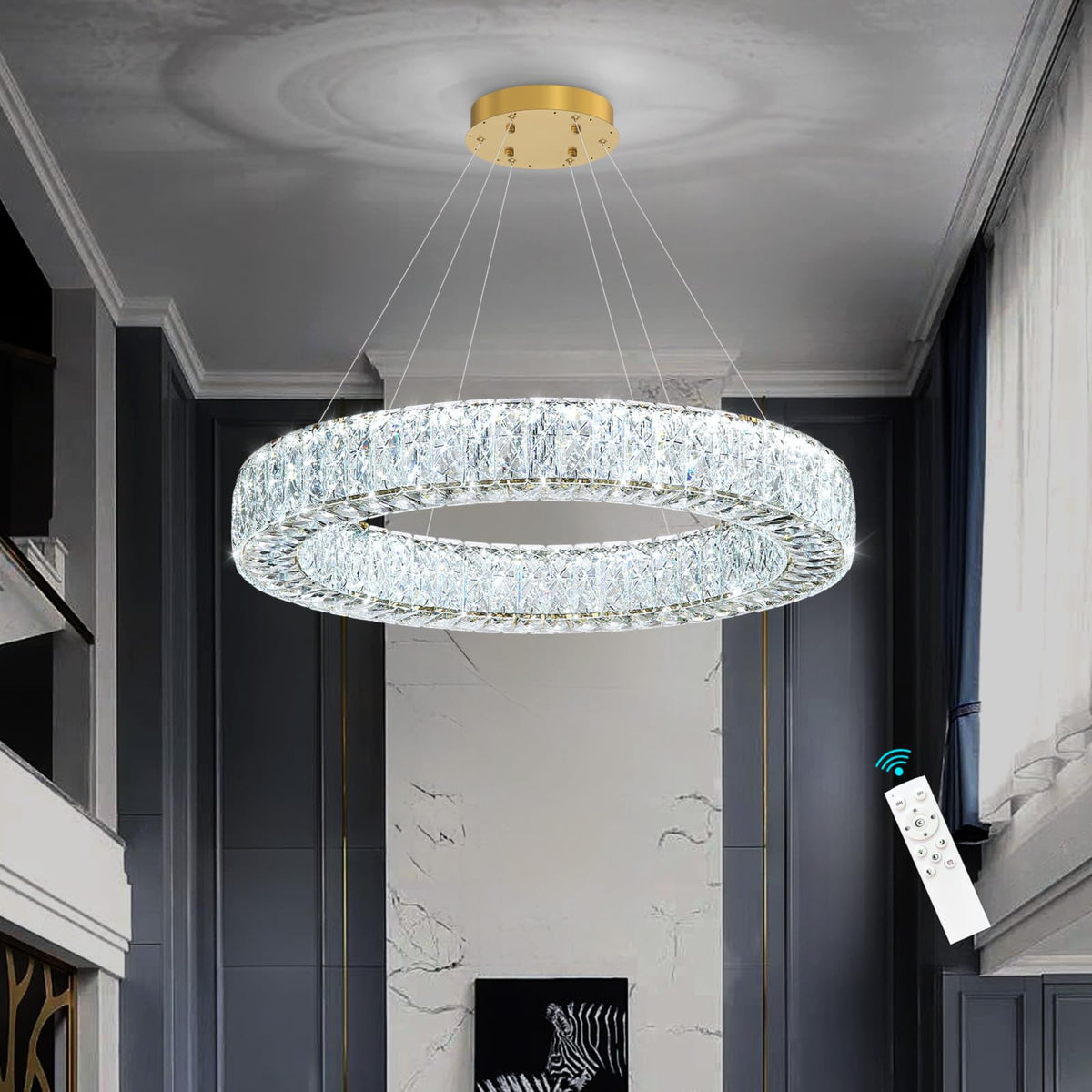 32 Inch Chandelier Glam Dimmable LED Crystal Chandeliers Luxury Round Pendant Lighting Fixtures for Dining Room Bedrooms Gold (Gold / Ring 32")