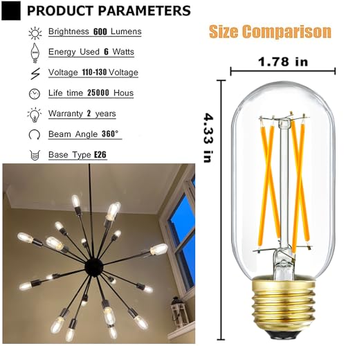 E26 LED Bulb 6W Equivalent e26 led Bulb 60 Watt Warm White 2700K Dimmable E26 Edison Bulb AC120V 600lm Tubular T14 LED Bulb for Pendant (6w=60w 2700k 600lm Warm White)