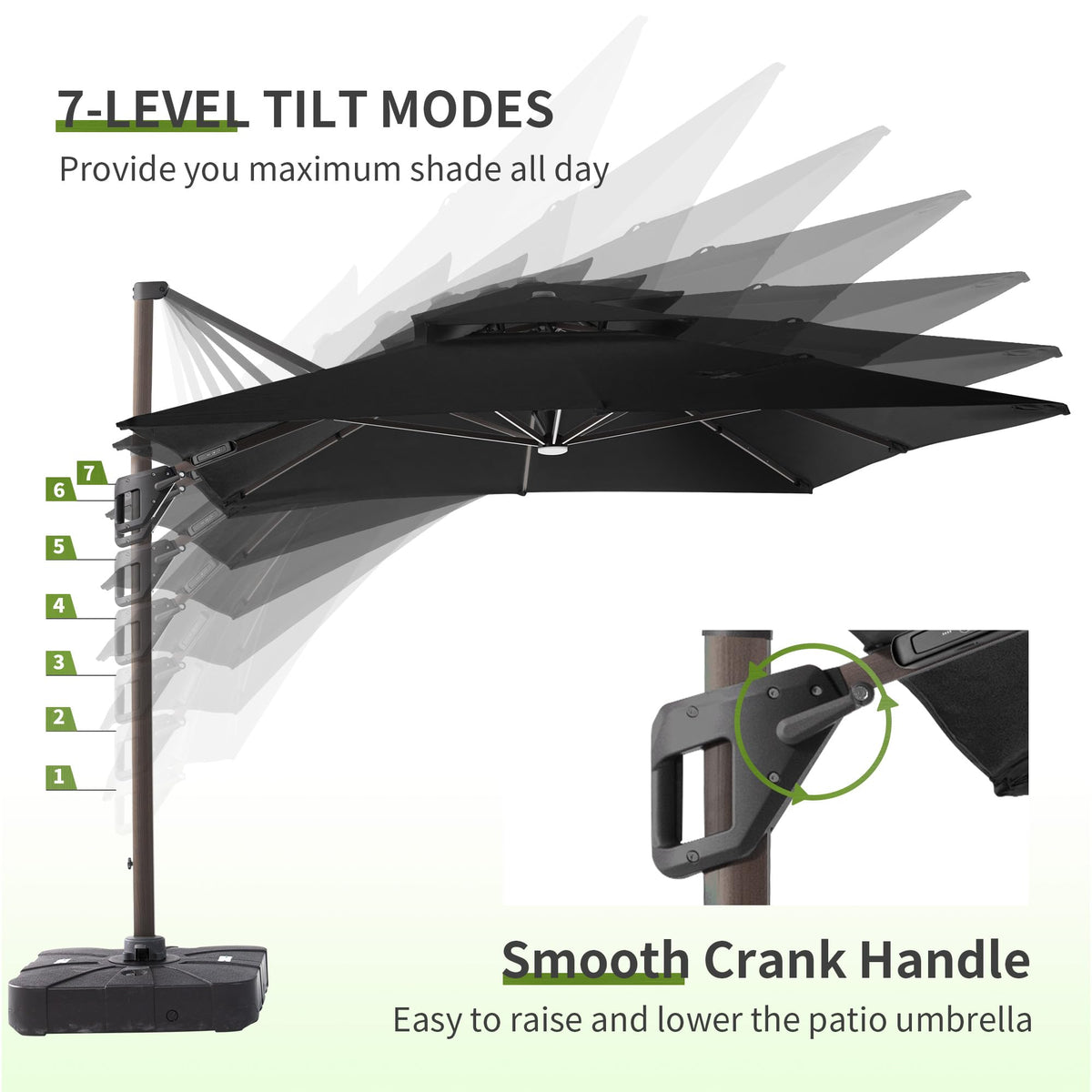 10x13 FT Cantilever Offset Patio Umbrella with Lights & Base (Black)